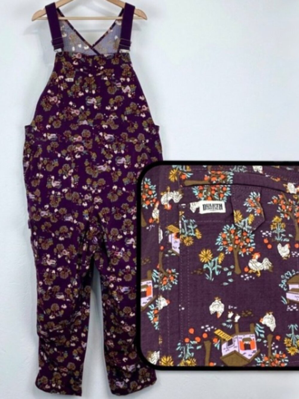 Women's Heirloom Gardening Bib Overalls (chickens, size XL x 31 inseam)